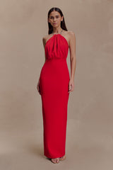 Elina Satin Necklace Maxi Dress - Red